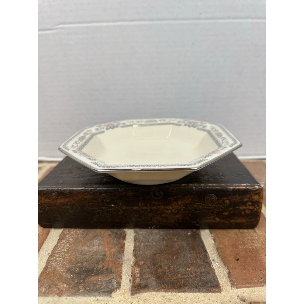 Vintage 80s Lenox Charleston Porcelain Bowl Candy Dish Silver Trim Pink Flowers
